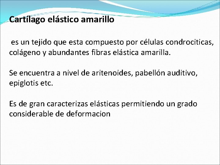 Cartílago elástico amarillo es un tejido que esta compuesto por células condrociticas, colágeno y