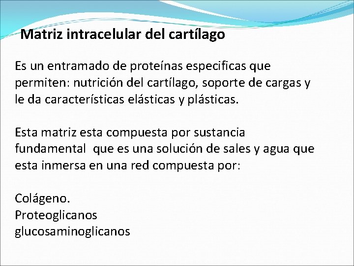 Matriz intracelular del cartílago Es un entramado de proteínas especificas que permiten: nutrición del