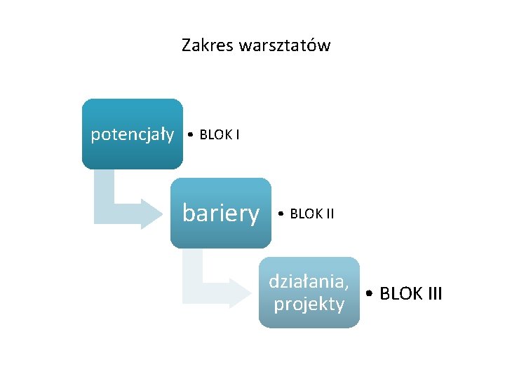 Zakres warsztatów potencjały • BLOK I bariery • BLOK II działania, • BLOK III