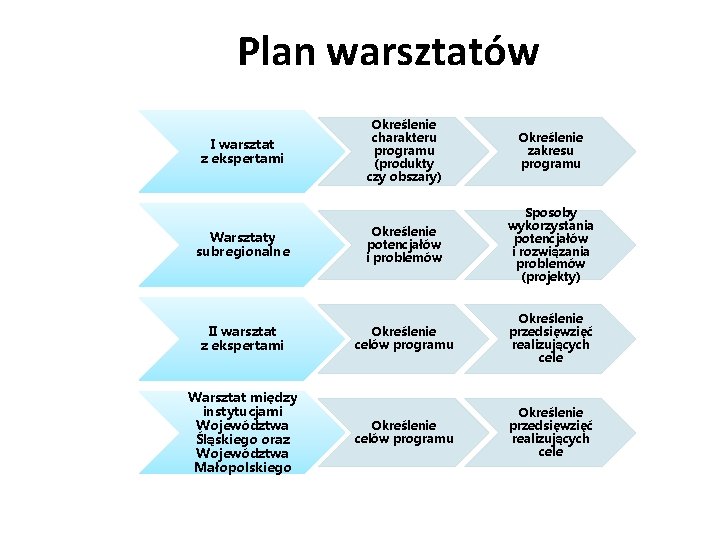 Plan warsztatów Określenie charakteru programu (produkty czy obszary) Określenie zakresu programu Określenie potencjałów i