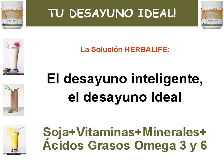 TU DESAYUNO IDEAL! La Solución HERBALIFE: El desayuno inteligente, el desayuno Ideal Soja+Vitaminas+Minerales+ Ácidos