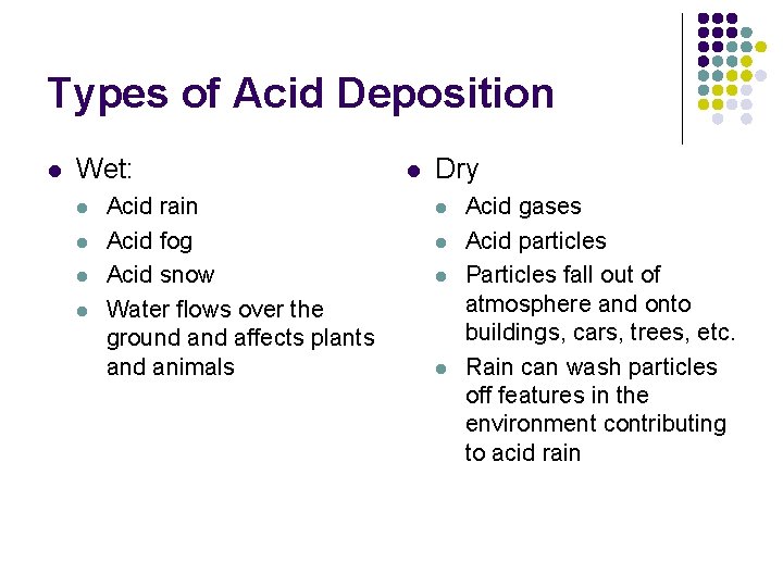Types of Acid Deposition l Wet: l l Acid rain Acid fog Acid snow