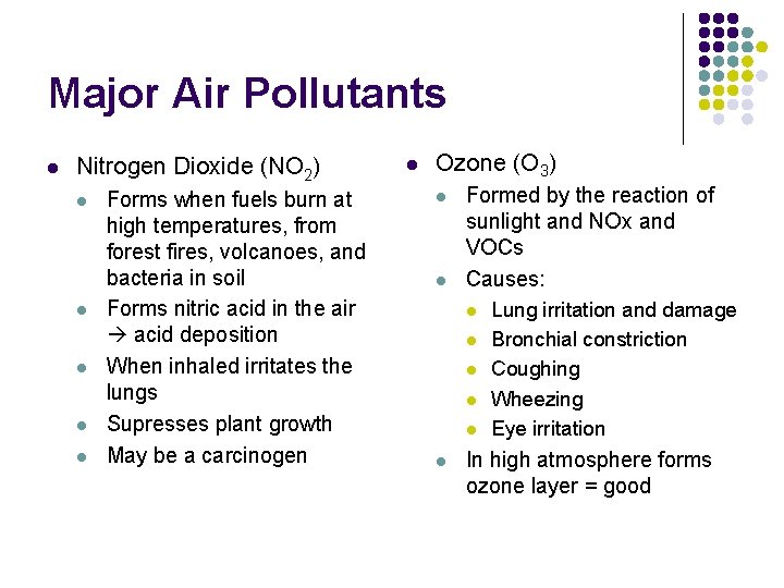 Major Air Pollutants l Nitrogen Dioxide (NO 2) l l l Forms when fuels