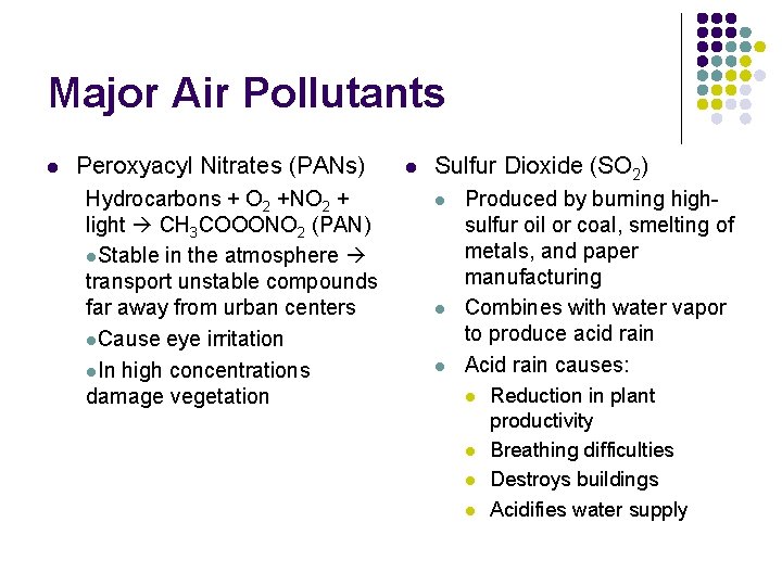 Major Air Pollutants l Peroxyacyl Nitrates (PANs) Hydrocarbons + O 2 +NO 2 +