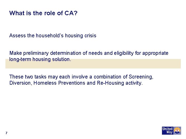 What is the role of CA? Assess the household’s housing crisis Make preliminary determination