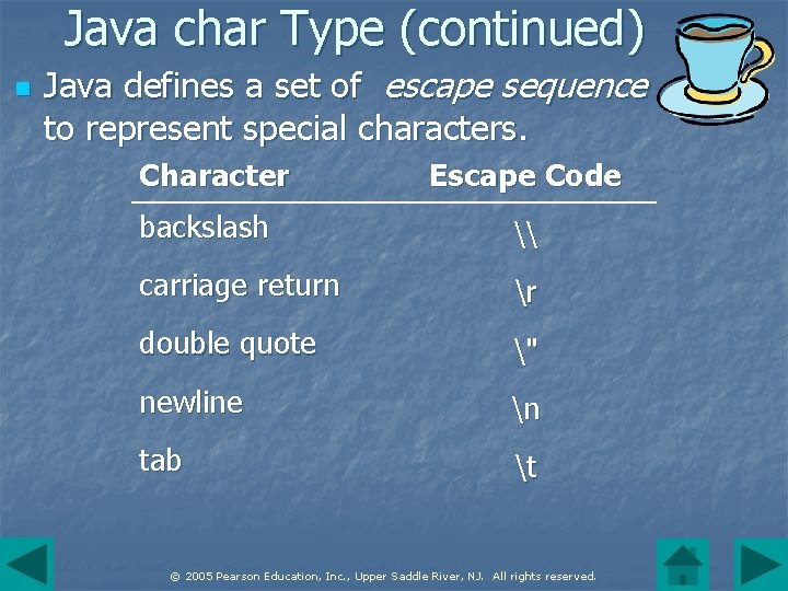 Java char Type (continued) n Java defines a set of escape sequence to represent