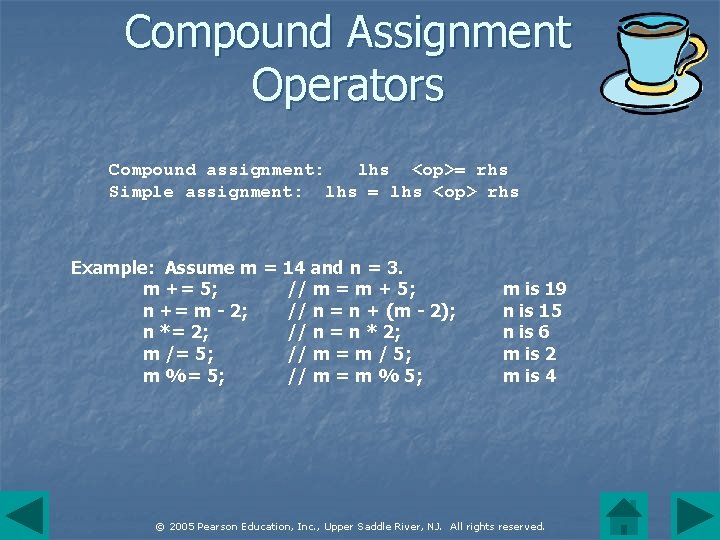 Compound Assignment Operators Compound assignment: lhs <op>= rhs Simple assignment: lhs = lhs <op>
