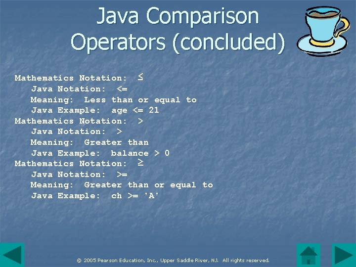 Java Comparison Operators (concluded) Mathematics Notation: ≤ Java Notation: <= Meaning: Less than or