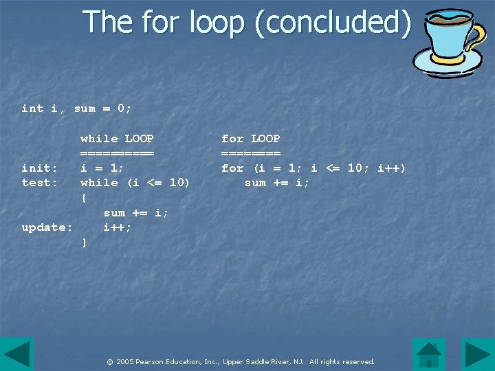 The for loop (concluded) int i, sum = 0; while LOOP ===== init: i