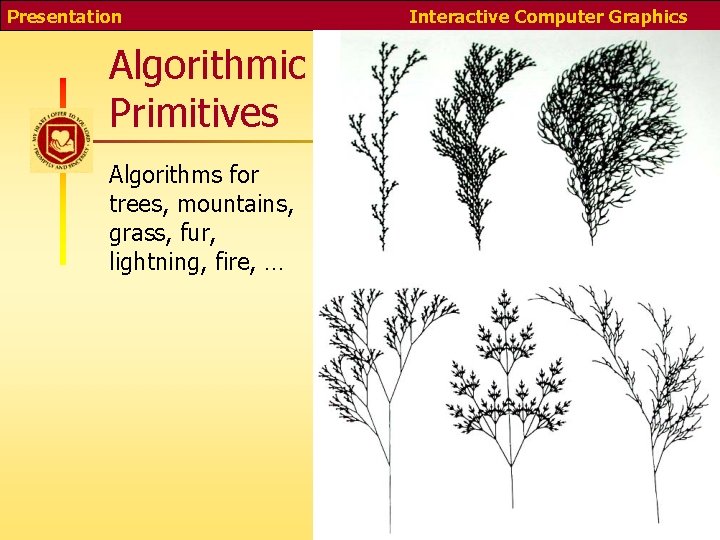 Presentation Algorithmic Primitives Algorithms for trees, mountains, grass, fur, lightning, fire, … Interactive Computer