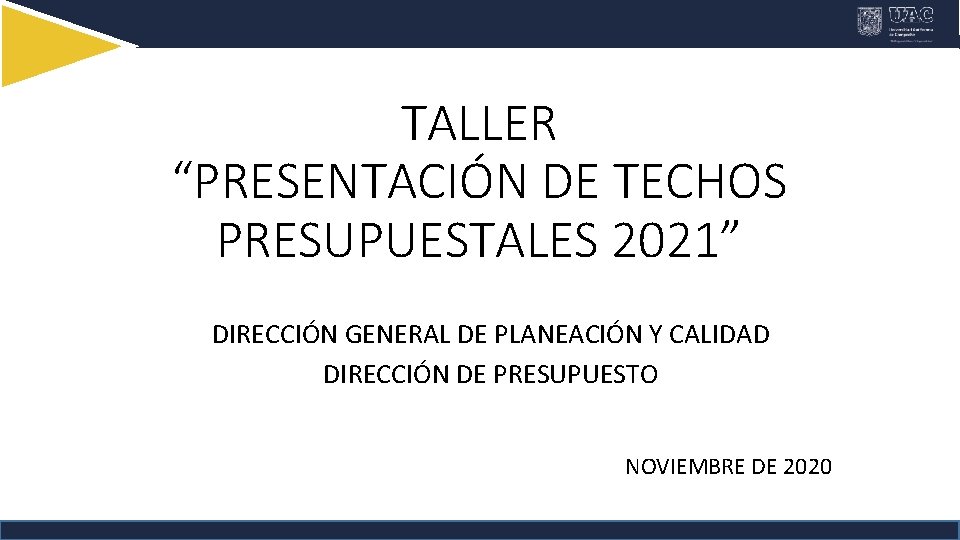 TALLER “PRESENTACIÓN DE TECHOS PRESUPUESTALES 2021” DIRECCIÓN GENERAL DE PLANEACIÓN Y CALIDAD DIRECCIÓN DE