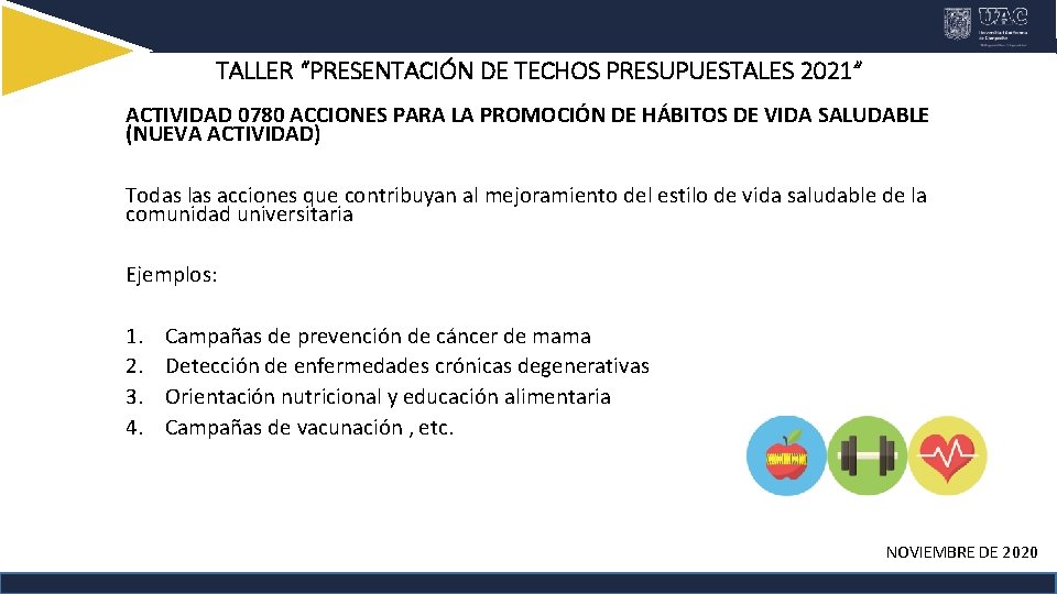 TALLER “PRESENTACIÓN DE TECHOS PRESUPUESTALES 2021” ACTIVIDAD 0780 ACCIONES PARA LA PROMOCIÓN DE HÁBITOS
