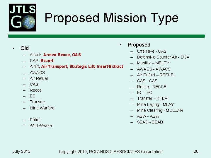 Proposed Mission Type • • Old – – – – – Attack, Armed Recce, Proposed Mission Type • • Old – – – – – Attack, Armed Recce,