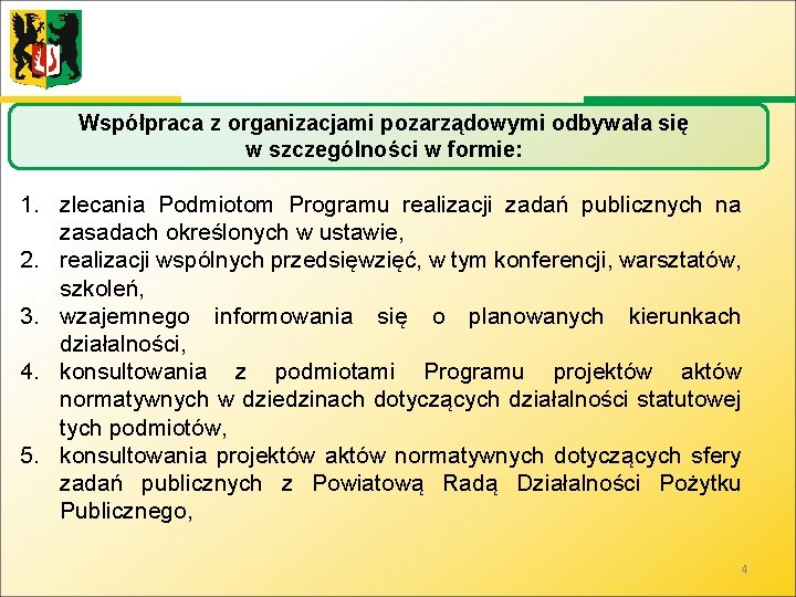 Współpraca z organizacjami pozarządowymi odbywała się w szczególności w formie: 1. zlecania Podmiotom Programu