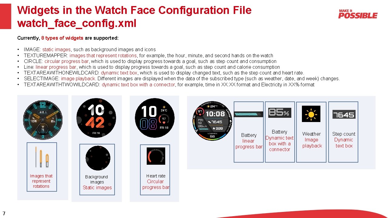 Widgets in the Watch Face Configuration File watch_face_config. xml Currently, 8 types of widgets Widgets in the Watch Face Configuration File watch_face_config. xml Currently, 8 types of widgets