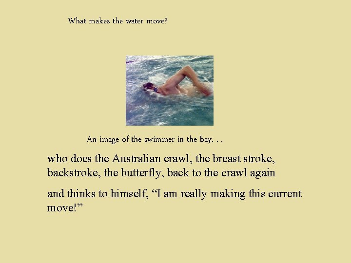 What makes the water move? An image of the swimmer in the bay. .