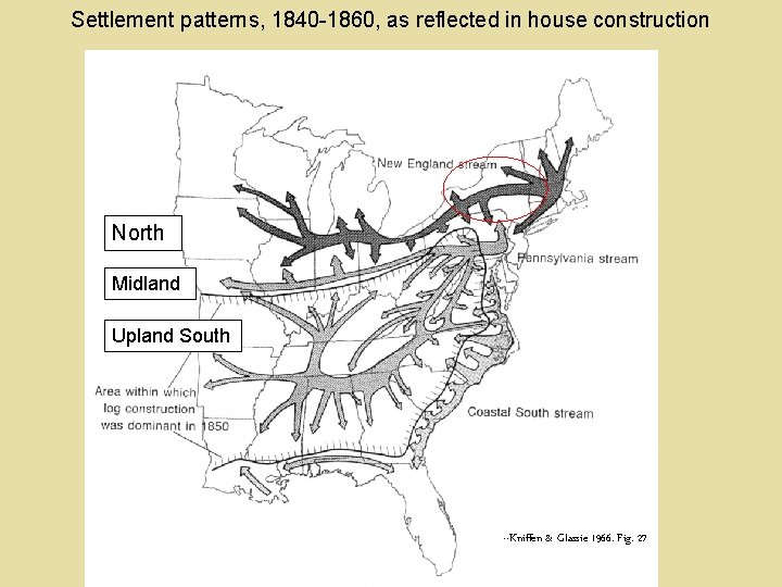 Settlement patterns, 1840 -1860, as reflected in house construction North Midland Upland South --Kniffen