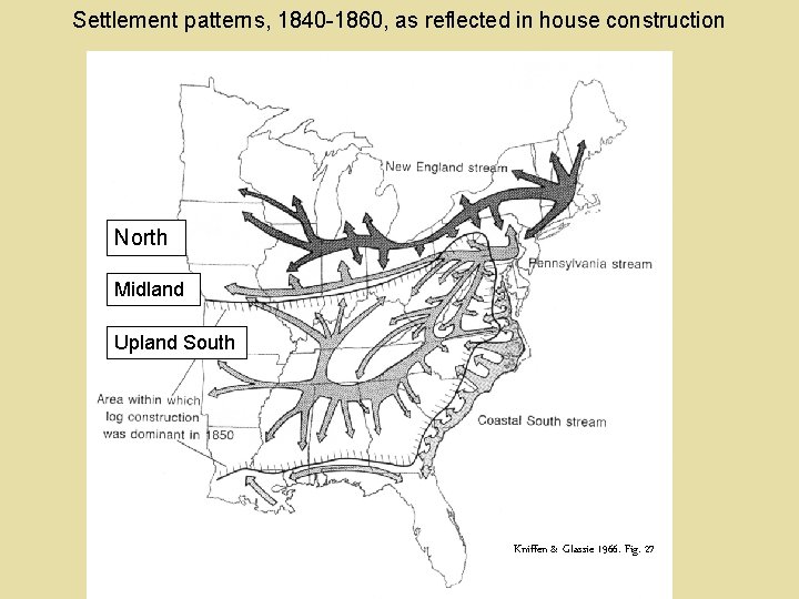 Settlement patterns, 1840 -1860, as reflected in house construction North Midland Upland South Kniffen