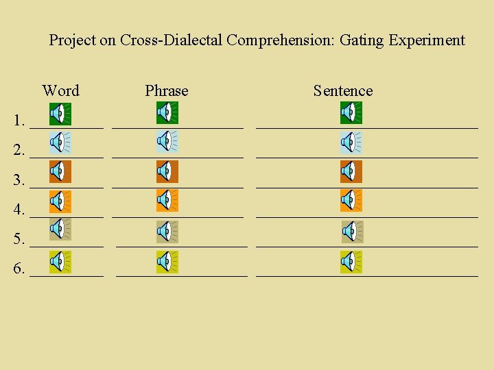 Project on Cross-Dialectal Comprehension: Gating Experiment Word Phrase Sentence 1. ________________ 2. ________________ 3.