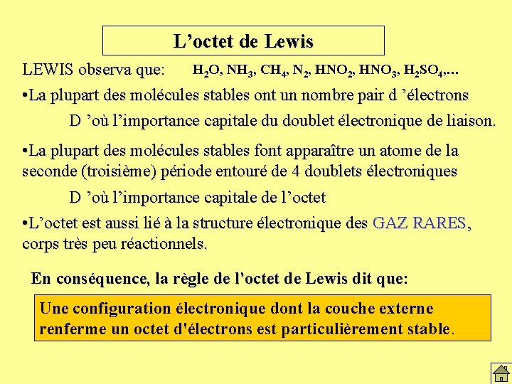 L’octet de Lewis H 2 O, NH 3, CH 4, N 2, HNO 3,