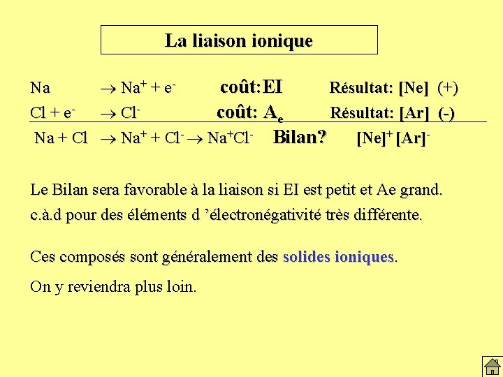 La liaison ionique Na Na+ + ecoût: EI Résultat: [Ne] (+) Cl + e-