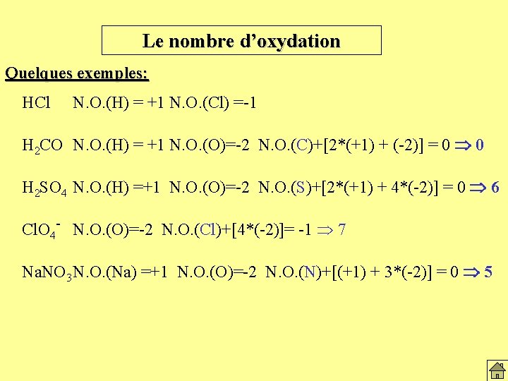 Le nombre d’oxydation Quelques exemples: HCl N. O. (H) = +1 N. O. (Cl)