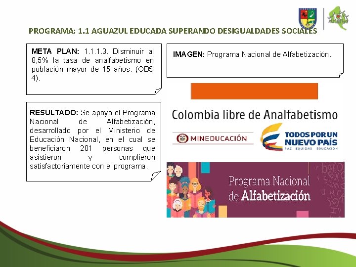 PROGRAMA: 1. 1 AGUAZUL EDUCADA SUPERANDO DESIGUALDADES SOCIALES META PLAN: 1. 1. 1. 3.