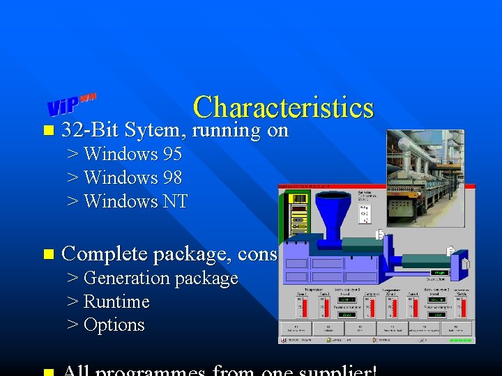 n Characteristics 32 -Bit Sytem, running on > Windows 95 > Windows 98 >