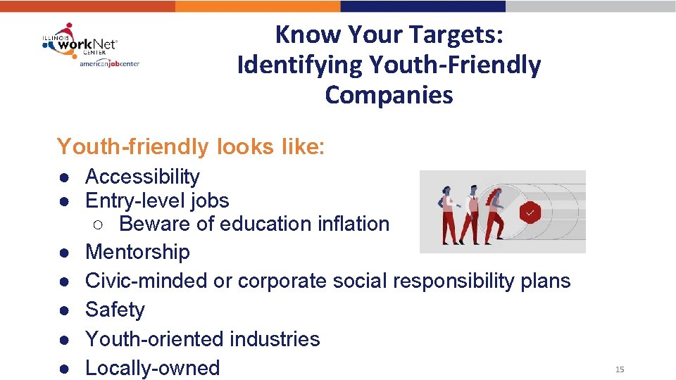 Know Your Targets: Identifying Youth-Friendly Companies Youth-friendly looks like: ● Accessibility ● Entry-level jobs