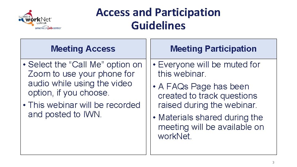 Access and Participation Guidelines Meeting Access • Select the “Call Me” option on Zoom