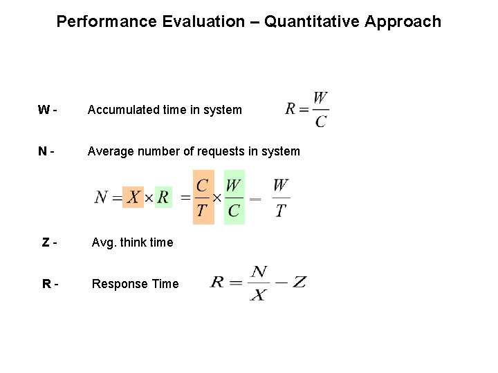 Performance Evaluation – Quantitative Approach W- Accumulated time in system N- Average number of