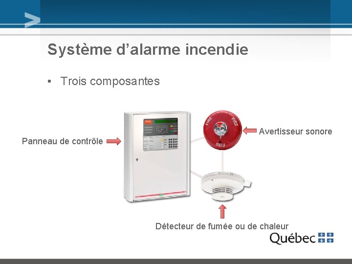 Système d’alarme incendie • Trois composantes Avertisseur sonore Panneau de contrôle Détecteur de fumée