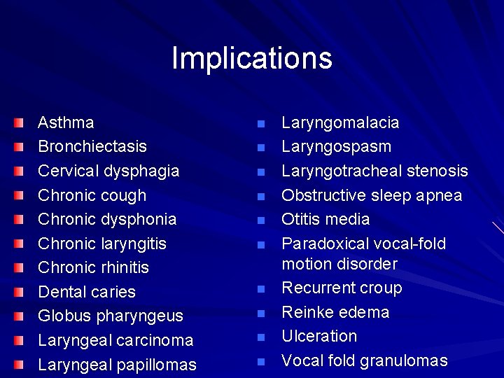 Implications Asthma Bronchiectasis Cervical dysphagia Chronic cough Chronic dysphonia Chronic laryngitis Chronic rhinitis Dental