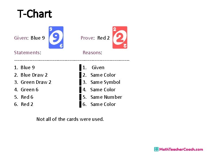 T-Chart Given: Blue 9 Prove: Red 2 Statements: Reasons: ----------------------------------1. Blue 9 ▐ 1. T-Chart Given: Blue 9 Prove: Red 2 Statements: Reasons: ----------------------------------1. Blue 9 ▐ 1.