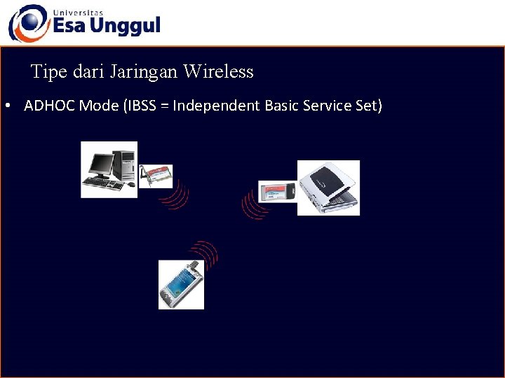 Tipe dari Jaringan Wireless • ADHOC Mode (IBSS = Independent Basic Service Set) 