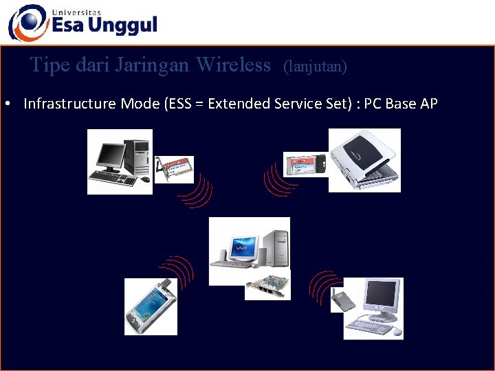 Tipe dari Jaringan Wireless (lanjutan) • Infrastructure Mode (ESS = Extended Service Set) :