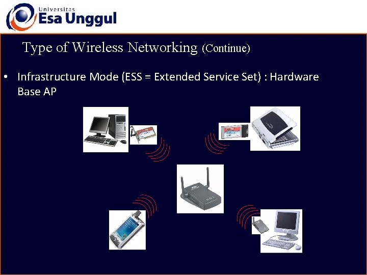 Type of Wireless Networking (Continue) • Infrastructure Mode (ESS = Extended Service Set) :
