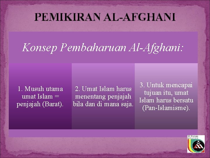 PEMIKIRAN AL-AFGHANI Konsep Pembaharuan Al-Afghani: 1. Musuh utama umat Islam = penjajah (Barat). 3.