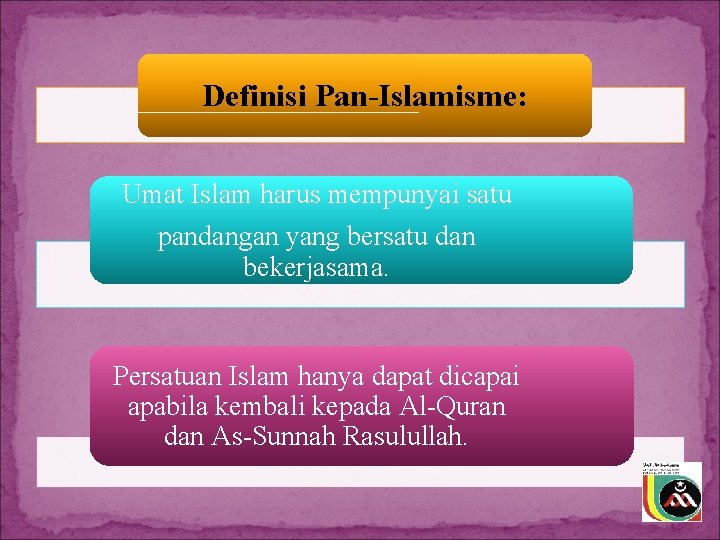 Definisi Pan-Islamisme: Umat Islam harus mempunyai satu pandangan yang bersatu dan bekerjasama. Persatuan Islam