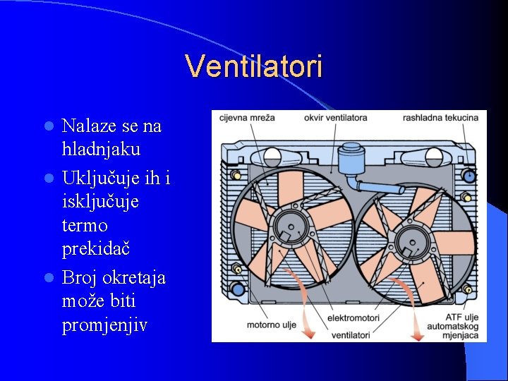 Ventilatori Nalaze se na hladnjaku l Uključuje ih i isključuje termo prekidač l Broj