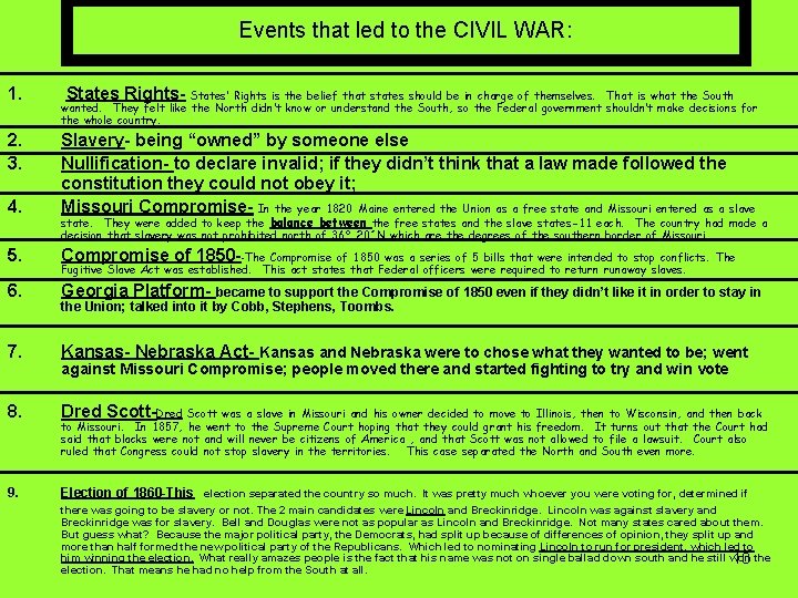 Events that led to the CIVIL WAR: 1. States’ Rights is the belief that