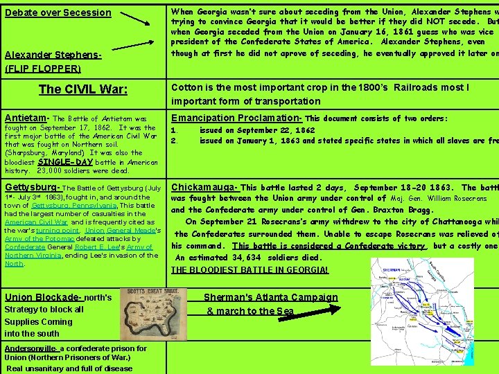 Debate over Secession Alexander Stephens(FLIP FLOPPER) The CIVIL War: Antietam- The When Georgia wasn’t