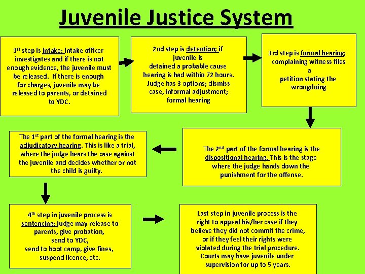 Juvenile Justice System 1 st step is intake; intake officer investigates and if there