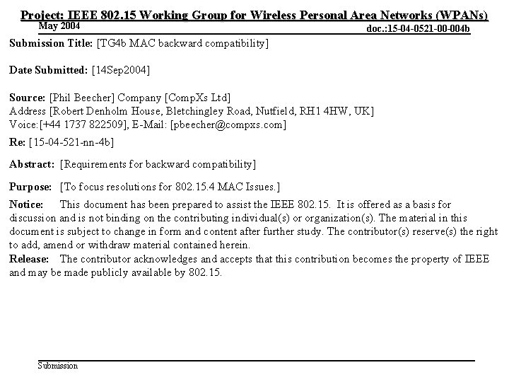 Project: IEEE 802. 15 Working Group for Wireless Personal Area Networks (WPANs) May 2004