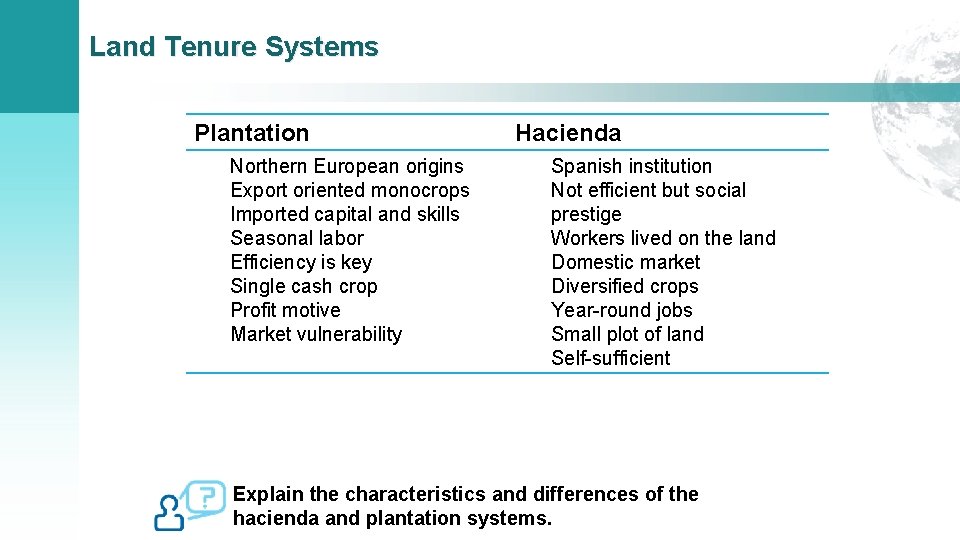 Land Tenure Systems Plantation Northern European origins Export oriented monocrops Imported capital and skills