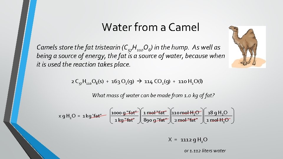 Water from a Camels store the fat tristearin (C 57 H 110 O 6)