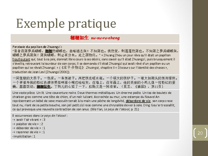 Exemple pratique 栩栩如生 xu-xu-ru-sheng Parabole du papillon de Zhuangzi : “昔者莊周夢爲蝴蝶，栩栩然蝴蝶也，自喻適志與！不知周也。俄然覺，則蘧蘧然周也。不知周之夢爲蝴蝶與， 蝴蝶之夢爲周與？周與蝴蝶，則必有分矣。此之謂物化。” « Zhuang