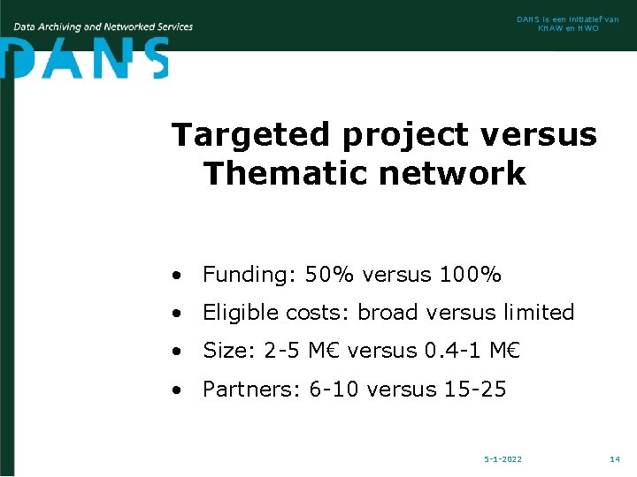 DANS is een initiatief van KNAW en NWO Targeted project versus Thematic network •