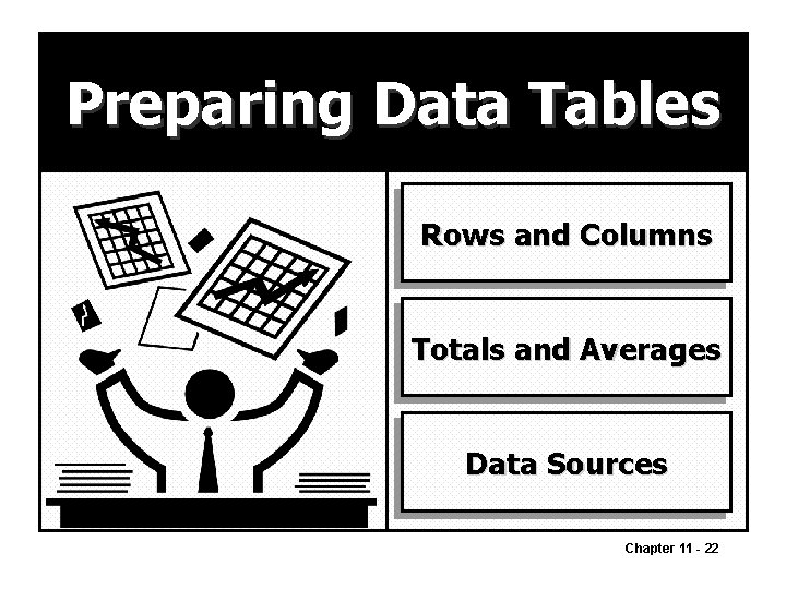 Preparing Data Tables Rows and Columns Totals and Averages Data Sources Chapter 11 -