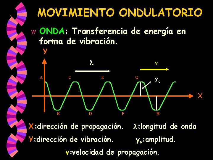 MOVIMIENTO ONDULATORIO w ONDA: Transferencia de energía en forma de vibración. Y A C MOVIMIENTO ONDULATORIO w ONDA: Transferencia de energía en forma de vibración. Y A C